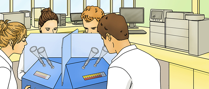 Personnages en train de réaliser des tests olfactifs